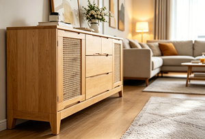 Modern Solid Wood Living Room Cabinet with 3 Drawers and Woven Panel Doors Scandinavian Design Storage Furniture - Product Image 4