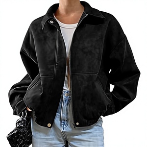 Veste en daim noir pour femme, fermeture éclair, col montant, style hiver, coupe-vent, matière épaisse - Product Image 1