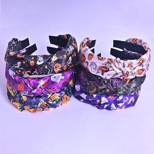 Halloween Dark Style Smooth Polyester <b>Satin</b> Knotted Hair Hoop Pumpkin Ghost Skull Print Party Headwear for Women Girls - Product Image 5