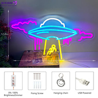 Letrero LED de Neón Personalizado Multicolor con Diseño de OVNI y Extraterrestre, Regulable, Alimentado por USB, Pre-perforado, para Colgar en la Pared, Decoración de Habitaciones