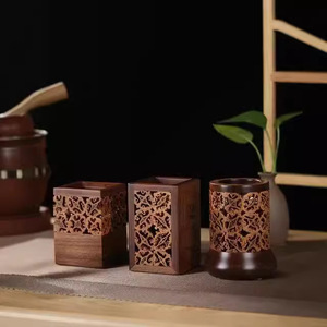 Kangyi Wooden <b>Pen</b> Holder Square Walnut Wood Storage Bucket Tea Ceremony Container For Desk Office Use - Product Image 1