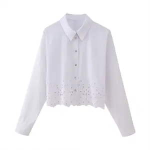 ZATRHMBM Women's 2024 New Fashion Hollow Embroidery Short Shirt Retro Lapel Embroidered Solid Color Top