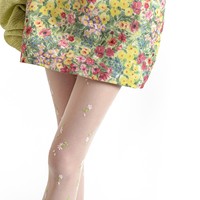 Collants ultra-fins en nylon floqué à fleurs, style japonais, blanc laiteux, pour femme, collection Printemps/Été