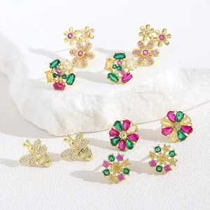 Đầy màu sắc hợp thời trang vàng hoa Stud Bông tai bốn lá cỏ ba lá chuồn chuồn bướm dát Zircon thực vật động vật loạt nhỏ Daisy - Product Image 2