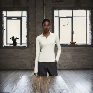 Haut de sport pour femme à col montant et demi-zip, avec logo personnalisé, manches longues, coupe régulière, pour Pilates et Yoga, avec passe-pouces, respirant, en Spandex - Product Image 3