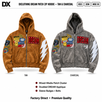 Hoodie zippé 380 g/m² avec empiècements personnalisés en patchs, appliques cloutées et badges sur les manches, effet délavé à l'acide, pour fabricants OEM ODM de marques