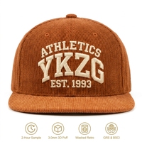 Casquette en velours côtelé YKZG Heritage Collection, broderie 3D en relief, vert et jaune contrastés, style baseball vintage, marque personnalisée