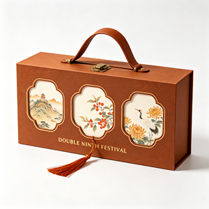 Boîte cadeau de luxe personnalisée marron pour le Double Festival du Nouveau Mois, avec poignée en cuir, emballage en carton, vente en gros, fabricant - Product Image 1