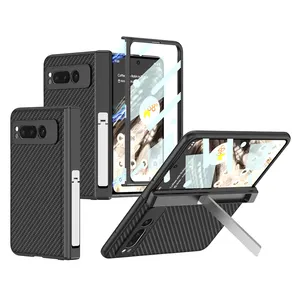 Pour étui Google Pixel Fold, coque arrière en cuir PU grain de fibre de carbone coque de téléphone antichoc PC dur hybride pour Google Pixel Fold