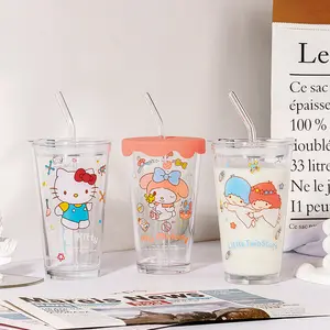 400MLSanrio My Melody Kuromi Purin Dog kartun Kawaii kaca Anime Kitty kayu manis lulus cangkir minuman kopi susu dengan tutup