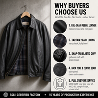 Blouson Bomber en Cuir Pleine Fleur Grainé Personnalisé 420 g/m² avec Doublure Tartan, Manches à Boutons Pression et Ourlet Élastique – Vêtement d'extérieur Streetwear OEM ODM