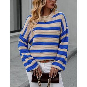 Pull en maille rayé oversize pour femme, col rond, manches longues, coupe ample, color block, anti-boulochage, décontracté, automne - Product Image 2