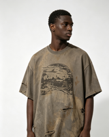 T-shirt Homme Personnalisé Kornit Digital Print 100% Coton Épais Coupe Ample Vintage Effet Délavé Usé et Déchiré Wasteland Dirty