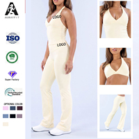 Set Pakaian Yoga Wanita dengan Kerah Tegak dan Celana Slim Fit Model Flare untuk Lari di Luar Ruangan, Latihan di Gym, Pakaian Olahraga yang Bernapas