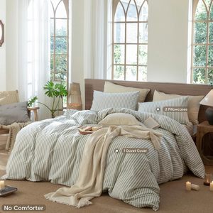 Cổ điển 100% bông 3-mảnh Duvet cover Set trắng và Sage màu xanh lá cây sọc vượt thời gian thoải mái cho phòng ngủ hợp thời trang trang trí nội thất - Product Image 5