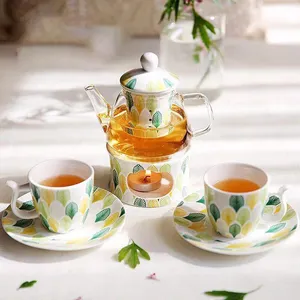 Service à thé en porcelaine avec théière en verre et tasses en céramique, tasses à café et soucoupe avec design floral de 80ml