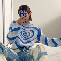 Y2K col roulé femmes rayé coeur motif esthétique pull doux pulls à manches longues tricot haut court 90s Harajuku tricot