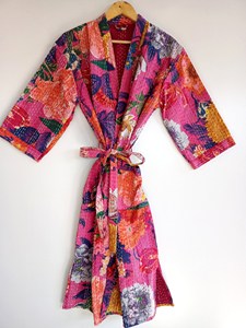 Floral Print Cotton Kantha Kimono Wrap <b>Jacket</b> V-Neck Full Sleeve Hand Embroidered Reversible Waterproof Quick Dry <b>Summer</b> <b>Women's</b> - Product Image 1