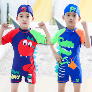 Traje de baño de dinosaurio de dibujos animados para niños, de secado rápido, de una pieza, con gorro para nadar, de 3 a 13 años - Product Image 1