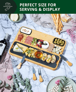 Ensemble cadeau de planche à fromage tendance 2026, planche à charcuterie en bambou extra large avec 2 bols à sauce, 4 couteaux, plateau en ardoise - Product Image 6