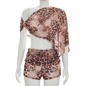 Viviblook J26ST186 Women Summer <b>Set</b> <b>Mesh</b> Leopard Print Cape Crop Top Shorts <b>Two</b> <b>Piece</b> <b>Set</b> - Product Image 2