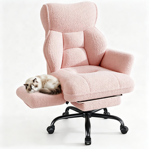 Ultra High Lift Ergonomic Full-Body Support Criss <strong>Cross</strong> <strong>Legged</strong> Pink Teddy Fleece Velvet Ergonomic Office <strong>Chair</strong> with Footrest - Product Image 1