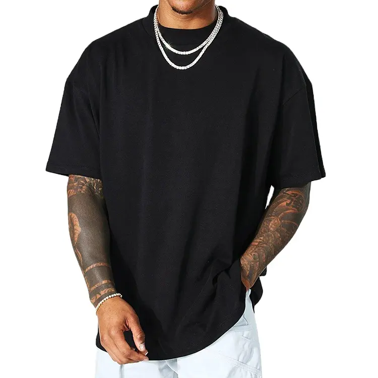 T-shirt tinta unita con collo a lupetto per uomo, taglie forti, 100% cotone, peso massimo, lusso, spalle cadenti, personalizzate, alta qualità