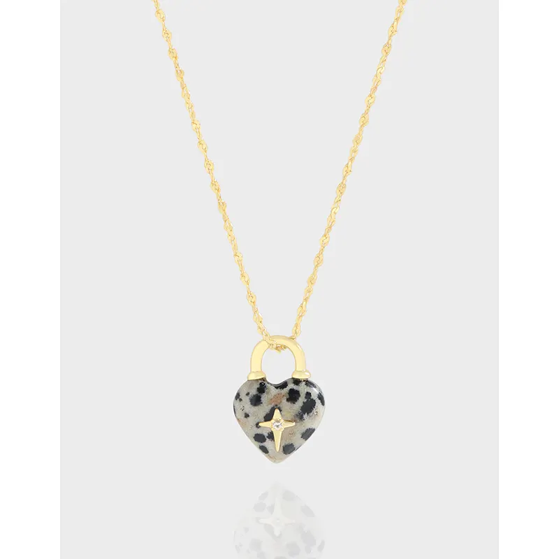 925 Sterling Silver Love Lock Natural Speckled Stone Necklace Oxidized cubic zircon cross 18K Gold Plated jewelry Woman