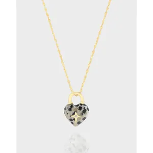 925 Sterling Silver Love Lock Natural Speckled Stone Necklace Oxidized cubic zircon cross 18K Gold Plated jewelry Woman