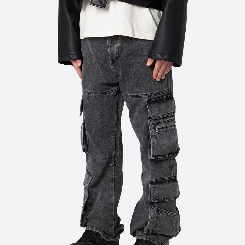 Hersteller OEM Multi-Taschen lockere Passform gewaschene schwarze Cargo-Hose weites Bein individuelle Herren Baggy Jeans