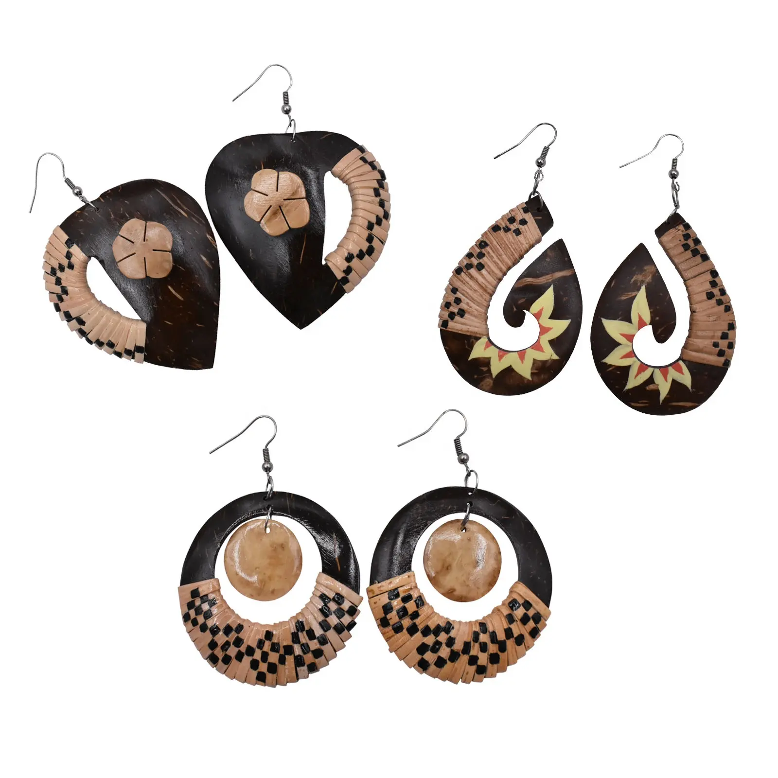 New Fashion Earring Handmade Carved Coconut Shell Jewelry Braided Rattan Straw Drop Earrings For Women