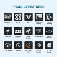 20MP Outdoor Wireless Security Camera Auto Tracking 360 Degree PTZ 4 Screen Wifi Camera Full Color Night Vision for Home Use