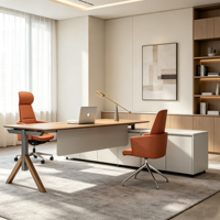 Bureau de direction moderne de luxe en forme de L, table de PDG avec plateau en MFC, bureau informatique avec tiroirs latéraux pour mobilier de bureau