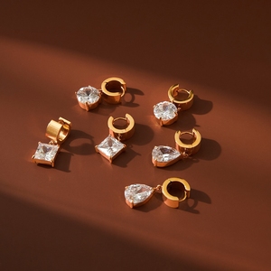 Boucles d'oreilles pendantes <span class=keywords><strong>J</strong></span>& Round Square Teasrop CZ Huggie en acier inoxydable plaqué or 18 carats avec grande pierre, bijou cadeau pour femme - Product Image 6