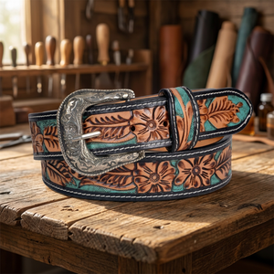 Cinturón de Cuero Repujado con Diseño Floral Occidental Hecho a Mano con Hebilla Plateada, Cinturón Vaquero de Cuero de Diseño Casual Vintage - Product Image 3