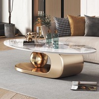 Ensemble Moderne de Petites Tables Basses de Luxe en Marbre Ovale Doré, Extensible en Acier Inoxydable, Design Élégant pour Salon et Meuble Central