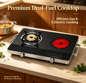 Table de cuisson hybride portable gaz et infrarouge, design 2-en-1, verre de qualité A, commande tactile et <span class=keywords><strong>à</strong></span> bouton, pour cuisines domestiques - Product Image 1