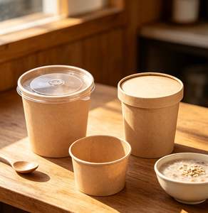Grade Biodegradable <b>Microwave</b> Safe Kraft Round Soup Cup & Porridge Bucket Paper <b>Lid</b> for Camping Hot Food Takeaway - Product Image 1