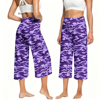 Pantalon Capri Camouflage Violet pour Femme, Taille Haute avec Cordon de Serrage, Style Urbain, Jambes Larges, Tenue de Sport et Yoga, Vêtement d'Été Doux et Confortable