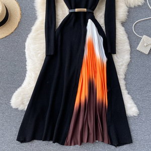 Nueva Llegada Francés Elegante de Punto de Costura Sólido Plisado Slim-Fit Empire Cintura Grande Swing Vestido de Mujer Vestido de Otoño - Product Image 3