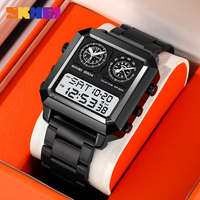 Jam tangan tali baja tahan karat pria, arloji olahraga LED bercahaya 30M persegi tahan air Digital SKMEI2204