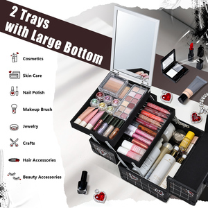 Lockable <b>Makeup</b> Train <b>Case</b> with Mirror, Portable Cosmetic Organizer Box with 2 Trays and Key for Travel <b>Makeup</b> & Nail Tech - Product Image 2