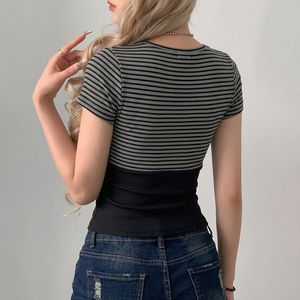 Conjunto de Dos Piezas para Mujer, Estilo Y2K, Verano, Camiseta Corta a Rayas con Contraste de Color, Camisola de Encaje, Corte Ajustado, Tejido Ecológico - Product Image 2