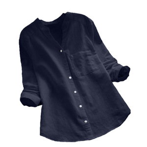 Chemise en lin et coton pour femme, coupe ample, col en V, manches longues, boutonnée, avec poche, pour le printemps et l'automne - Product Image 1