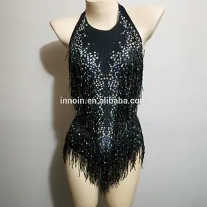 Schwarz Sexy Quaste body Strass-Body bühne Leistung Trikot Tanz Kleidung Sänger Fransen Design Overalls