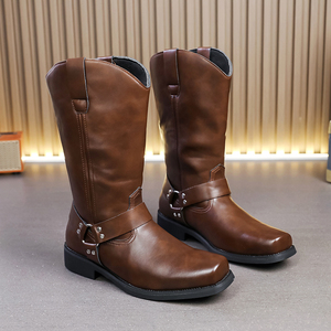 Nouvelles bottes de cow-boy en cuir PU marron pour femmes, style western, bottes pour soirée, bottes d'hiver pour hommes - Product Image 3