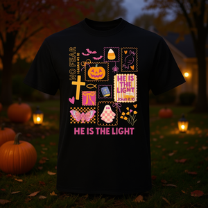 Camiseta cristiana de Halloween con diseño de calabaza Él es la luz Juan 8:12 No tengas miedo Isaías 41:10 - Product Image 3