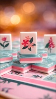 Set Mahjong Bambu Boho Hijau Mint & Pinggiran Merah Muda, Ubin Mahjong Akrilik Amerika dengan Cetakan Tanaman