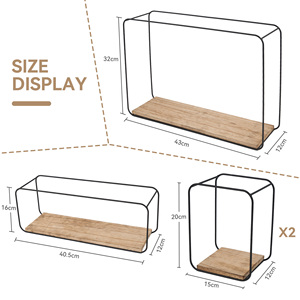 Set of 4 Wall Mounted Floating <b>Shelves</b> Black Metal Wire & Wood Wall Storage Organizer <b>for</b> Living Room <b>Kitchen</b> & Bedroom - Product Image 6