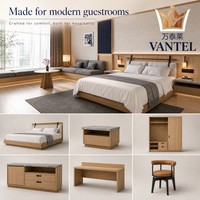 Ensemble de mobilier moderne pour chambre d'hôtel : lit, armoire, bureau, table de chevet et rangements sur mesure pour projets hôteliers